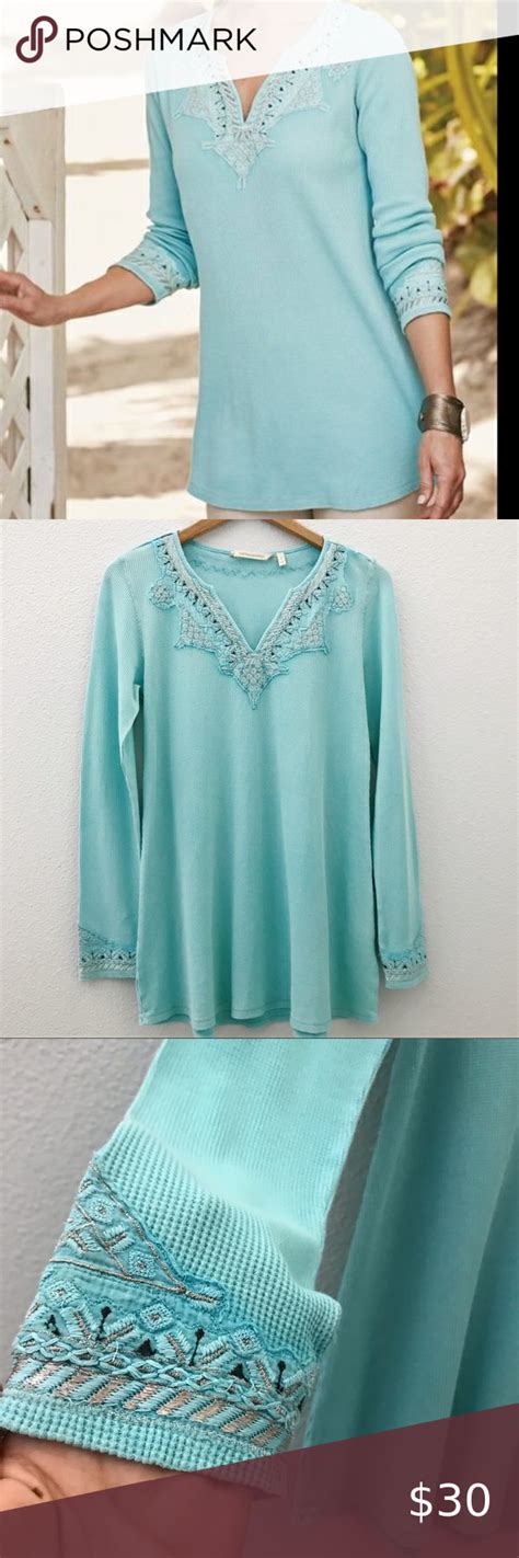 Soft Surroundings Embroidered Aqua Tunic Top Small Tunic Tops Long