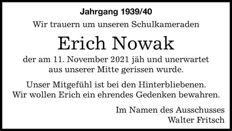 Traueranzeigen von Erich Nowak Kreiszeitung Böblinger Bote