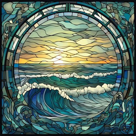 Ocean Waves At Sunrise Stained Glass Window Cling Etsy Glass Window