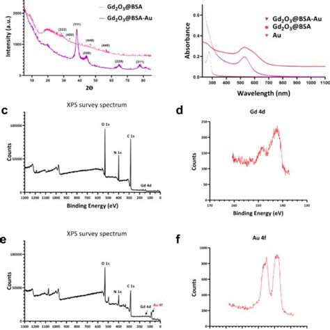 A XRD Patterns Of Gd 2 O 3 BSA And Gd 2 O 3 BSA Au B UVVis