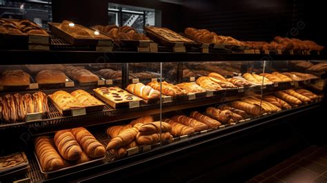 Bakery Display Case With A Wide Variety Of Pastries And Breads