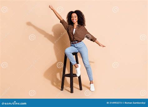 Full Size Photo Of Good Mood Woman Dressed Brown Shirt Sit On Chair