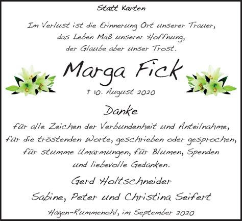 Traueranzeigen Von Marga Fick Trauer In Nrw De