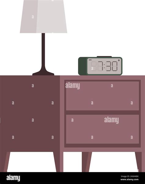 Modern Wooden Bedside Table With Lamp And Alarm Clock Isolated Stock