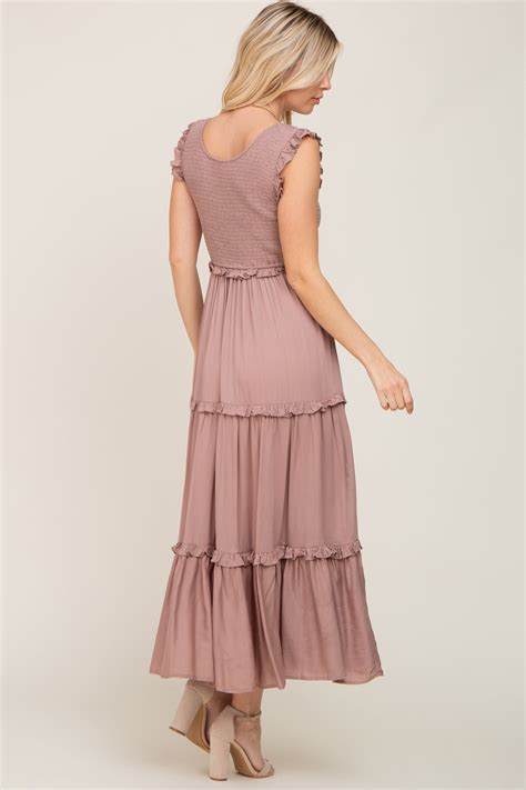 Taupe Smocked Ruffle Tier Maxi Dress Pinkblush