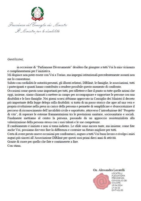 La lettera di ringraziamento del Ministero per le Disabilità a DIRimè