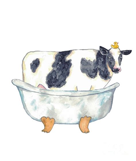 Cow Taking Bath Watercolor Painting Print Painting By Maryna Salagub