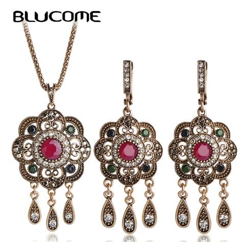 Blucome Vintage Turkish Jewelry Sets Green Flower Pendant Colar Gold