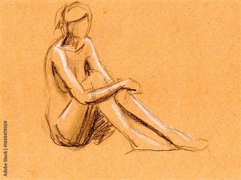 Sketch Of A Naked Woman Line Drawing In Pencil On Orange Craft Paper Drawing With Gray And
