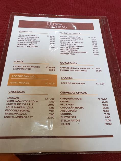 Menu At El Rinconcito Arequipe O Restaurant Lince Jos Bernardo