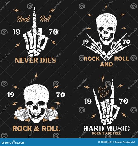 Rock Music Grunge Print For Apparel With Skeleton Hand Skull And Rose