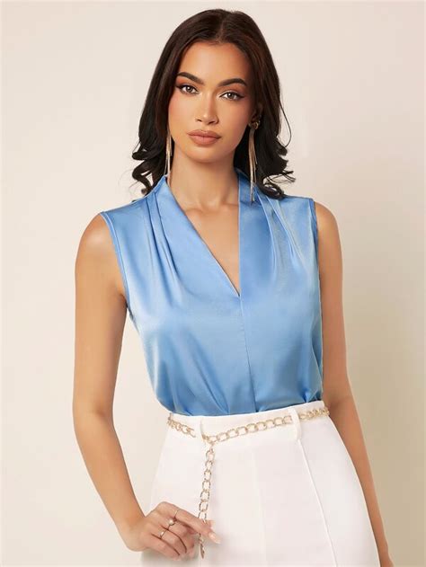 Shein Privé Fold Pleated Solid Satin Blouse Shein Usa