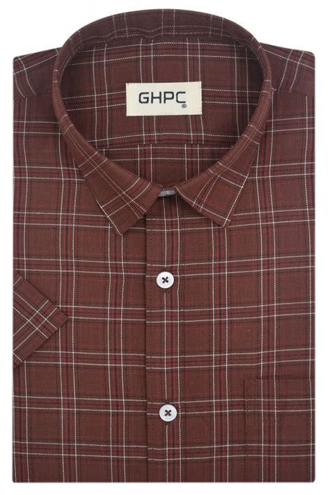 Men S 100 Cotton Windowpane Checkered Half Sleeves Shirt Brown