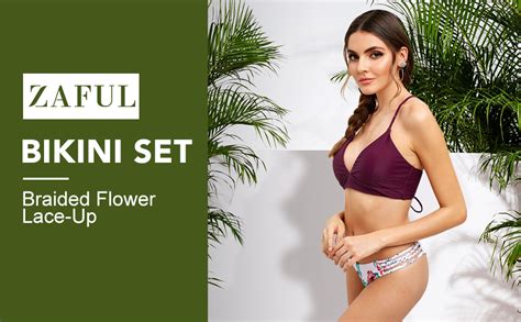 Amazon ZAFUL Women Braided Straps Lace Up Contrast Bikini Set Bralette Swimsuit Flower