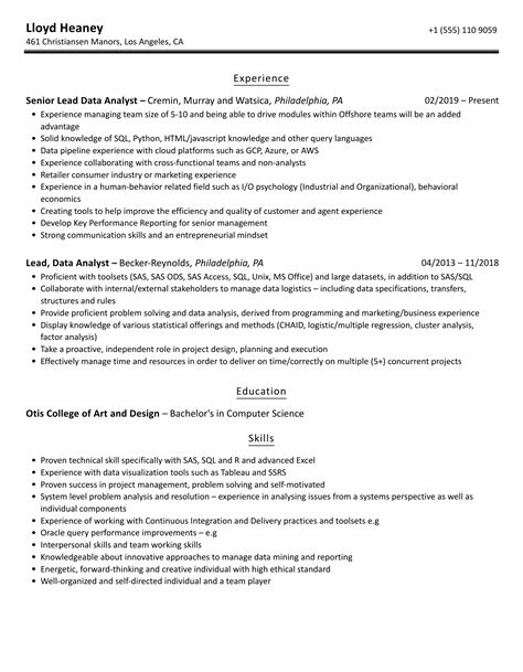 Lead Data Analyst Resume Samples Velvet Jobs