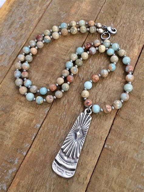 Long Stone Necklace Stone Bohemian Jewelry Silver Boho Necklace