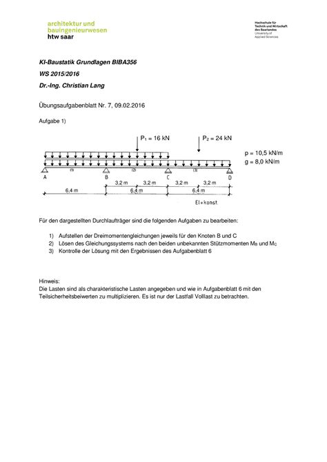 Uebungsaufgabe 7 Übungsaufgabe Uebungsaufgabe KI Baustatik