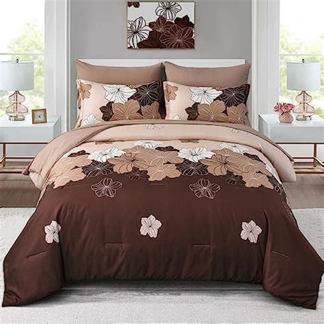 Dinjoy Brown Floral King Size Bed In A Bag Pieces Taupe Comforter Set