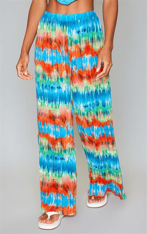 Blue Abstract Plisse High Waist Wide Leg Trousers Prettylittlething