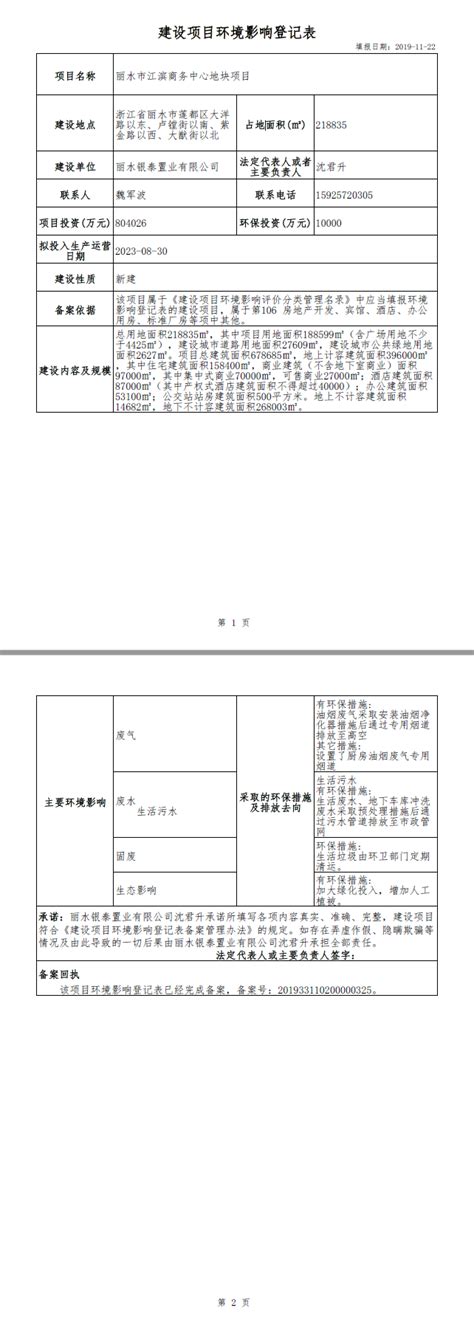 丽水市江滨商务中心项目环评登记备案表