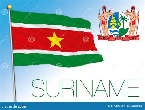 Suriname Official National Flag And Coat Of Arms South America Stock