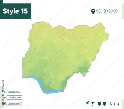 Nigeria - map with shaded relief, land cover, rivers, lakes, mountains ...