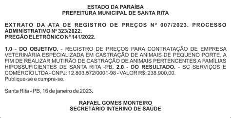 PREFEITURA MUNICIPAL DE SANTA RITA EXTRATO DA ATA DE REGISTRO DE