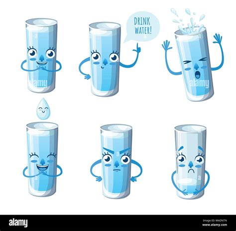 Set Of Glass With Water Cartoon Style Character Design Mascot With Different Emotions Drink