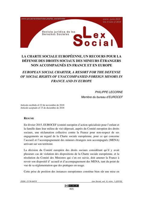 Pdf La Charte Sociale Europ Enne Un Recours Pour La D Fense Des