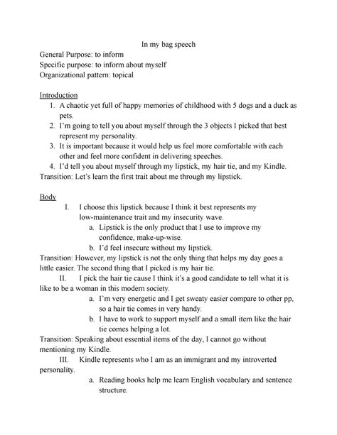 Cmst First Call Speech Outline In My Bag Speech General Purpose To Inform Specific Purpose