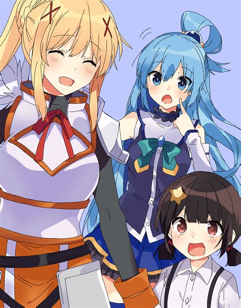 Safebooru Girls Aqua Konosuba Black Hair Blonde Hair Blue Eyes Blue Hair Blush Cat