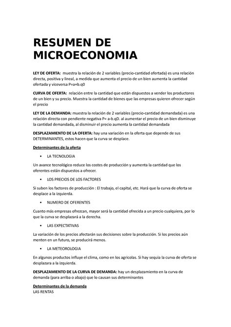 Resumen DE Microeconomia RESUMEN DE MICROECONOMIA LEY DE OFERTA