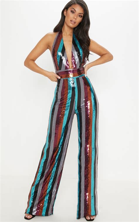 Multi Stripe Sequin Halterneck Jumpsuit Prettylittlething Ie