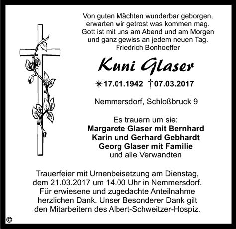 Traueranzeigen Von Kuni Glaser Nordbayerischer Kurier