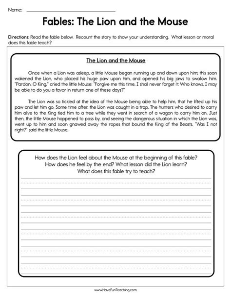 Lion And The Mouse Worksheet