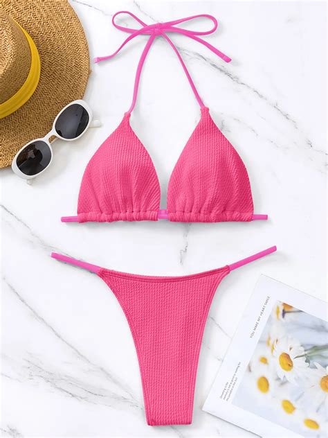Sexy Bikini Swimsuit Thong Swimwear Women Textured Beachwear Summer Bathing Suit Rose