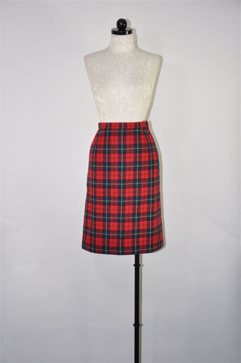 60s Red Tartan Skirt Plaid Wool Pencil Skirt Christmas Etsy