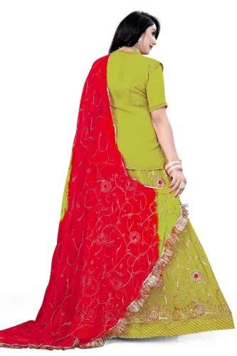 Embroidered Georgette Half Pure Green And Red Rajputi Poshak Size