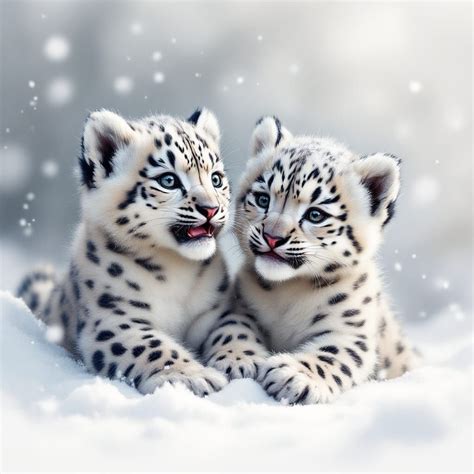 beautiful  cute baby snow leopards playing   snow