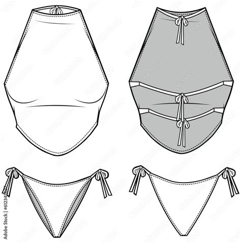 Womens String Bikini Set Halter Neck Two Piece Tankini Beach Wear Flat Sketch Vector