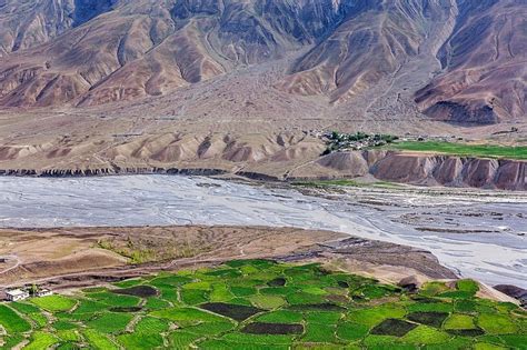 View Of Spiti Valley With Green Fields And Spiti River In Himalayas