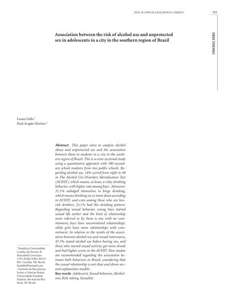 Pdf Association Between The Risk Of Alcohol Use And Unprotected Sex In Adolescents In A City