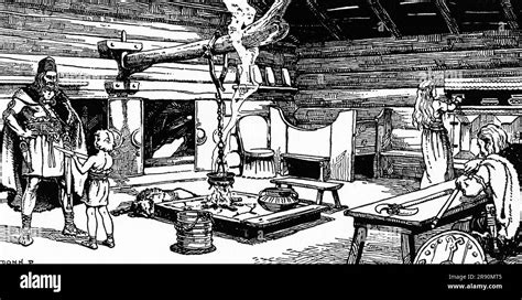 An Illustration Of The Interior Of A Viking Longhouse By Donn Philip