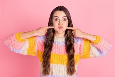 portrait  attractive funny comic brown haired girl holding air
