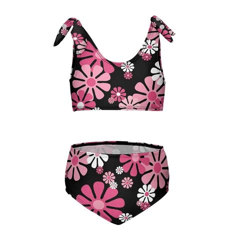 S Retro Flowers In Pink And White Mod Abstract Girl S Piece Bikini Set Beach Sport
