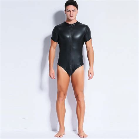 Black Sexy Mens Leather Bodysuit Pu Latex Catsuit Men Lingerie Patent One Piece Leotard Wet