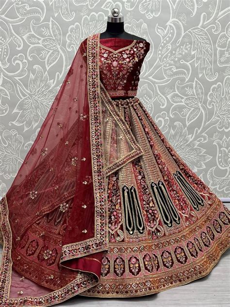 Maroon Fancy Embroidered Velvet Designer Bridal Lehenga Choli From