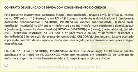 Modelo De Contrato De Assun O De D Vida Consentimento Do Credor