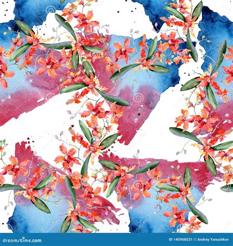 Branch of Coral Orchids. Floral Botanical Flower. Watercolor Background