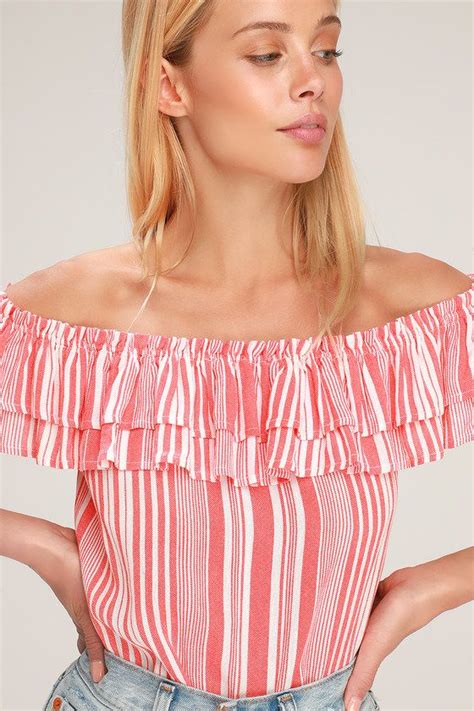 Lulus Rylee Red And White Striped Off The Shoulder Crop Top Size